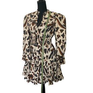 Ulla Johnson Ismaya Ruffled leaves Printed  mini Dress Brown And Cream  size 2